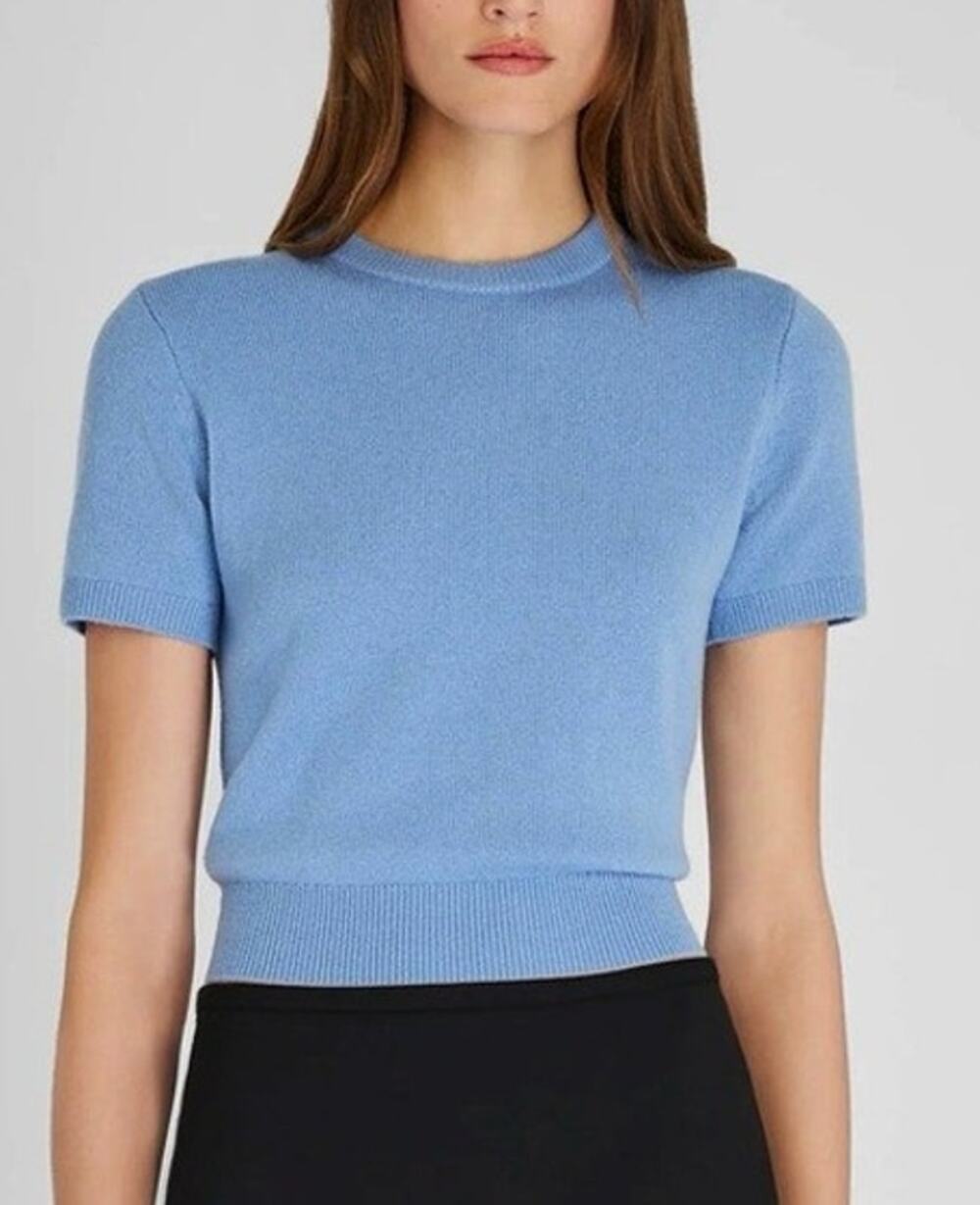 Club Monaco Cashmere Wool Short Sleeve Sweater Small Blue Preppy Quiet Luxury
